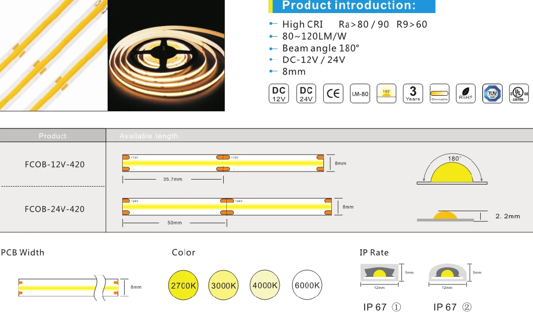 COB LED Flexible Strip 360LEDs/M with No Light Spots